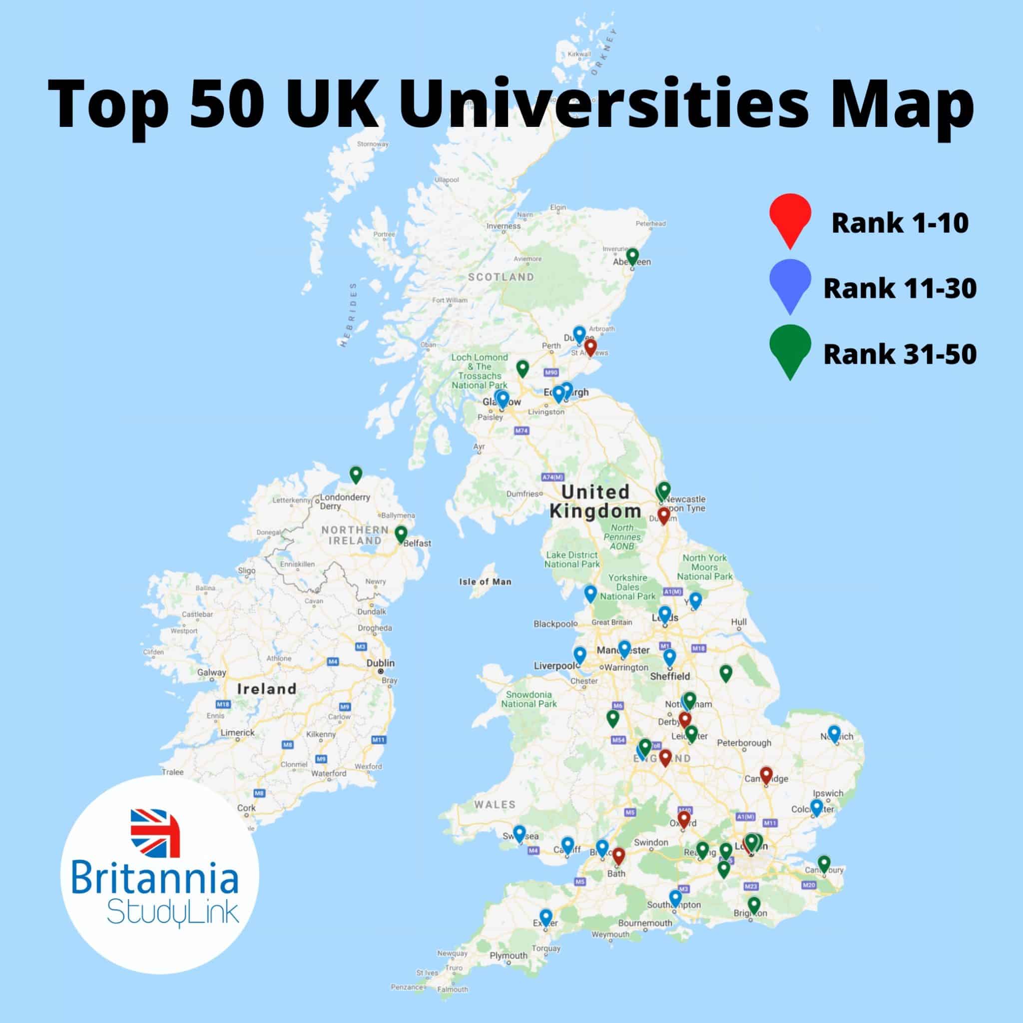 Top 50 UK Universities Map